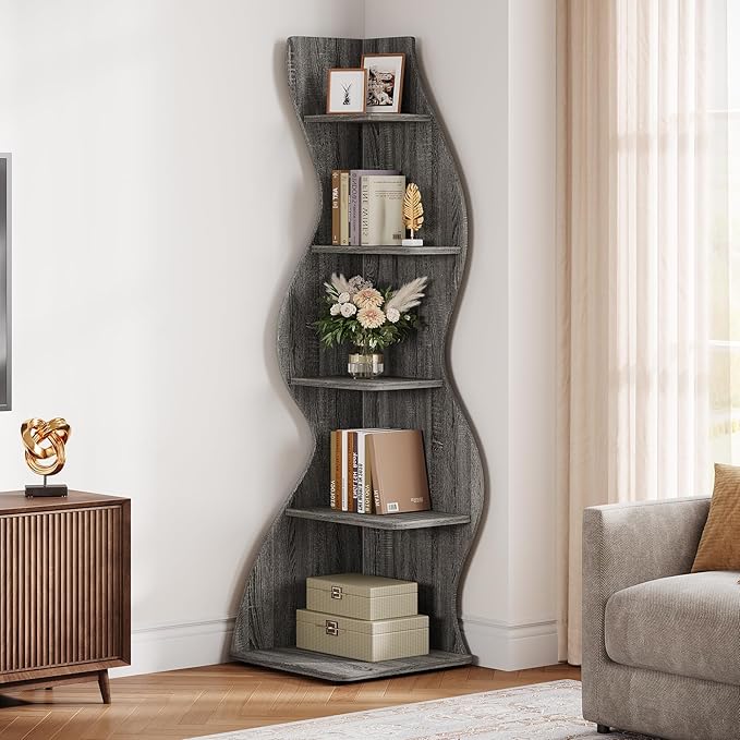 Tribesigns Wavy Corner Shelf, Modern 5-Tier Bookshelf Bookcase with Curvy Shape, Unique Plant Stand Display Rack for Living Room Small Space (Gray)