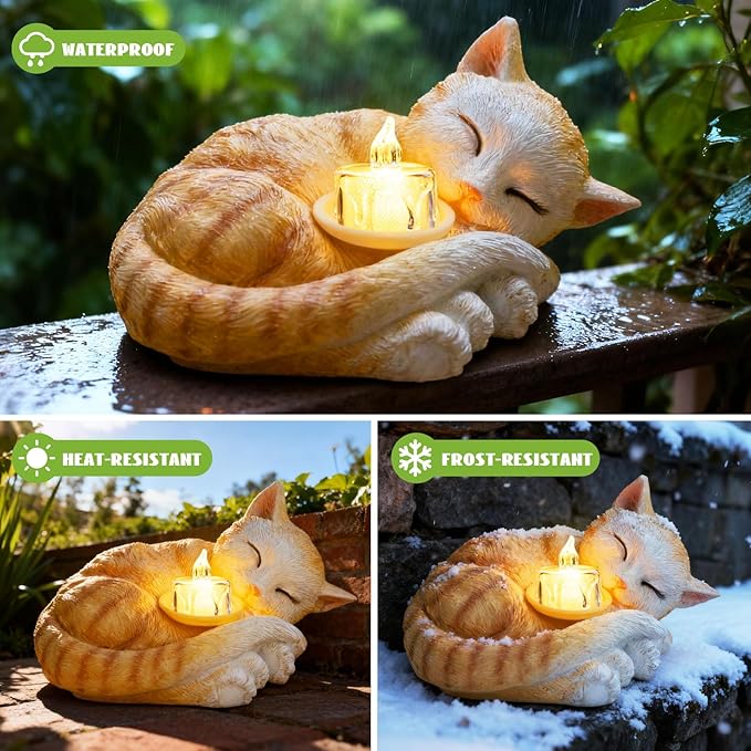Sleeping Cat Candle Holder Statue Realistic Resin Cat Figurine with Candle Tray Outdoor Garden Decor for Patio Yard or Indoor Use for Cat Lovers Women and Memorials Orange