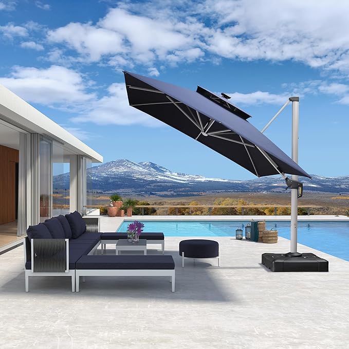 PURPLE LEAF 10' X 13' Double Top Deluxe Solar Powered LED Rectangle Patio Umbrella Offset Hanging Umbrella Outdoor Cantilever Umbrella, Navy Blue