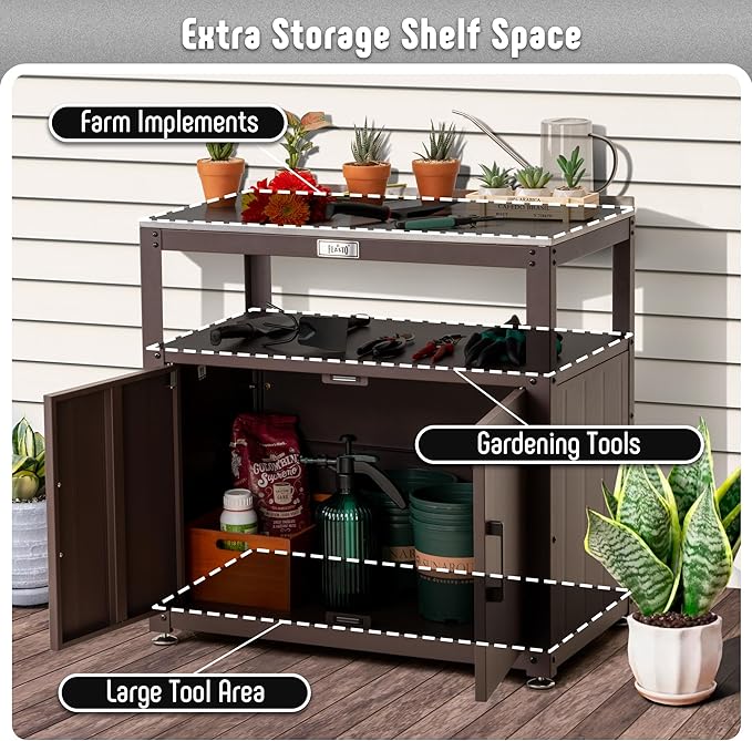 Garden Potting Bench with Storage Cabinet,Outdoor Gardening Table & Work Bench for Plants, Horticulture,Outdoor Workstation with Stainless Steel Tabletop,Outdoor Work Table