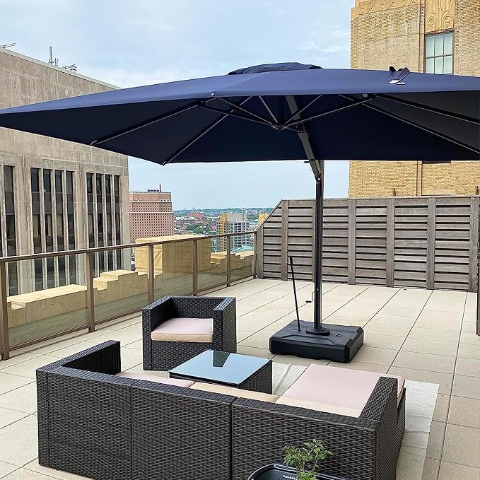 PURPLE LEAF 12 FT Square Patio Umbrella Large Outdoor Aluminum Offset Umbrella with 360-degree Rotation Cantilever Umbrella for Garden Deck Backyard Pool, Navy Blue