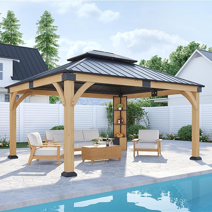 12x14 ft Cedar Wood Gazebo with Sunlight Roof &Storage Cabinet, Hardtop Gazebo with Galvanized Steel Double Roof, Heavy Duty Pavilion for Patio Lawn and Garden