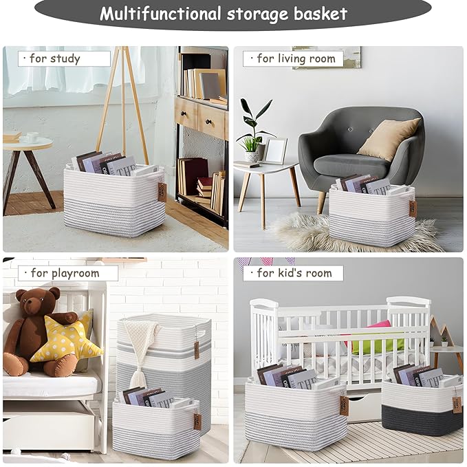 COMFY-HOMI 3 Pack Cotton Rope Square Basket with Handles - Storage & Organizer (White/Black Line, 13.5" x 11" x 9.5")
