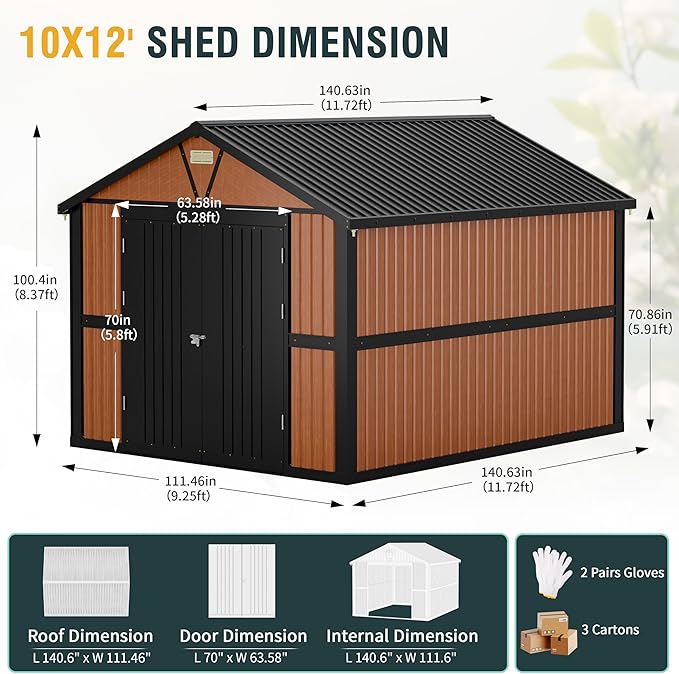 10x12 Ft Outdoor Storage Shed, Extra Large Metal Shed with Lockable Doors, 2 Windows, Outside Steel Tiny House Ideal for Garden, Backyard, Patio Utility, Tool Storage, Chicken Coops