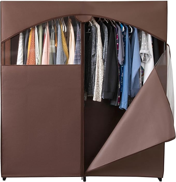 HOLDN’ STORAGE Portable Wardrobe Closet - 65 lb Large Capacity, Internal Heavy Duty Metal Rod, Zipper & Clear Window, Durable Clothes Organizer, Tool-Free Easy Assembly, Brown Canvas Cover