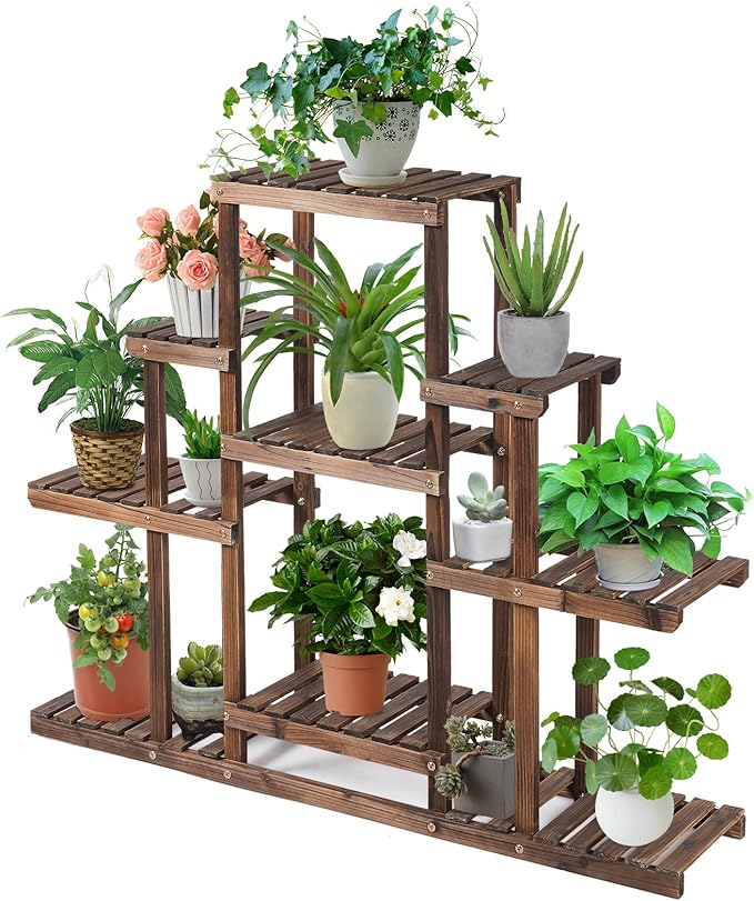 COSTWAY 6-Tier Multifunctional Wood Flower Stand, Shelf Holder for Multiple Plants, Freestanding Plant Rack for Garden, Patio, Balcony, Living Room, Indoor, Outdoor