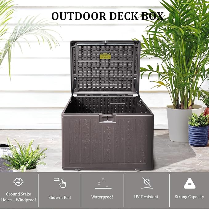 33 Gallon Pro Outdoor Storage Box Waterproof Lockable Resin Deck Box Large, Patio Storage Bin for Pool Accessories Cushion Furniture, Garden Tools, UV-Resistant Outside Delivery Brown