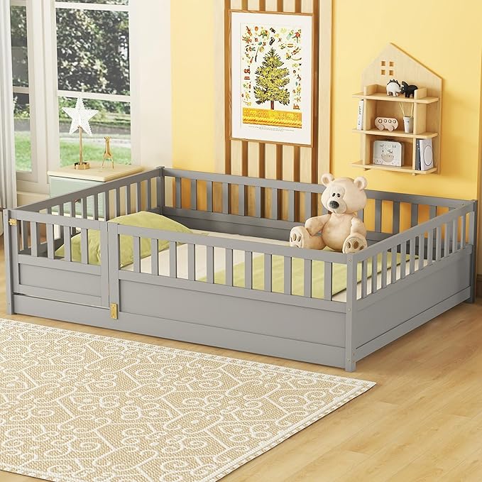 Full Floor Bed with Slats, High Fence and Door, Montessori Floor Bed Full Size, No Box Spring Needed, Easy Assemble Floor Bed(Gray Full)