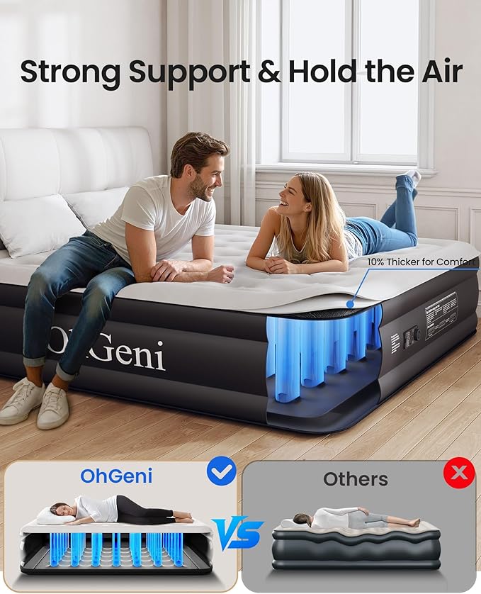 OhGeni Cal King Air Mattress with Built-in Pump, 18" Tall Inflatable Blow Up Air Bed with Carrying Bag for Camping, Guest. Raised Elevated High Airbed, Foldable & Portable Colchon inflables, Black