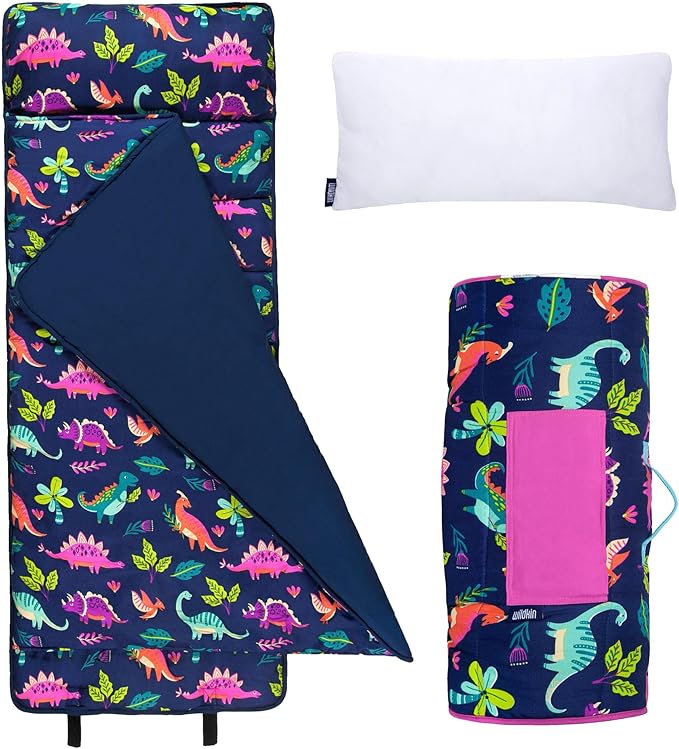 Wildkin Kids Microfiber Nap Mat – Soft Sleep Mat with Pillow, Ideal for School & Travel - Darling Dinosaurs