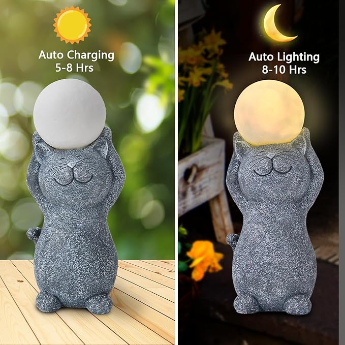 Solar Garden Decor Cat Moon Outdoor Statue and Figurine Lights, Outdoor Patio Sculpture Decor LED Light Gifts for Mom or Daughter, Garden Statues Birthday Gifts for Women Home and Yard with Solar Lamp
