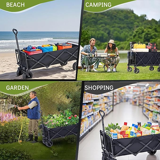 350L Large Capacity Foldable Wagon with Brakes, 560lbs Heavy Duty Collapsible Wagon Cart with Push Handle All-Terrain Big Wheels for Camping, Sports, Shopping, Beach