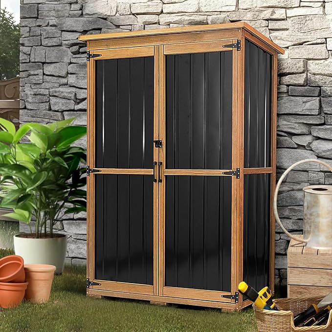 46" L Large Outdoor Storage Cabinet with Shelves, Wood & Metal Storage Shed Weather-Resistant, Outside Storage Cabinet for Garage Patio Backyard Garden with Waterproof Roof