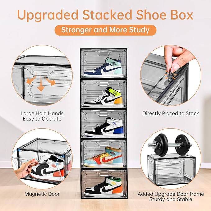 New Gray 8 Pack Shoe Boxes Stackable, Large Shoe Storage Organizer