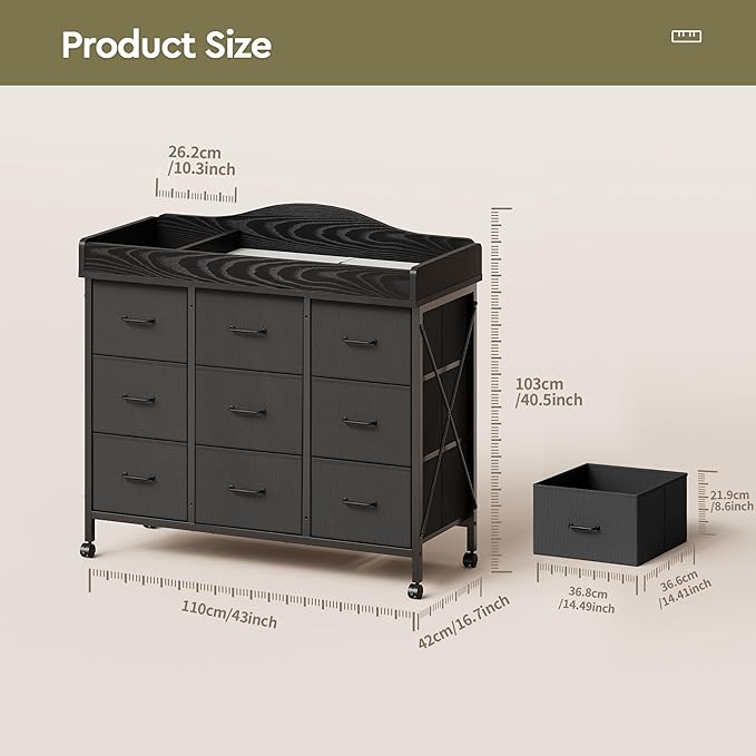 Baby Changing Table with 9 Fabric Drawers, Waterproof Diaper Changing Station & Pad, Mobile Nursery Diaper Changing Table, Baby Furniture, Bedroom, Black