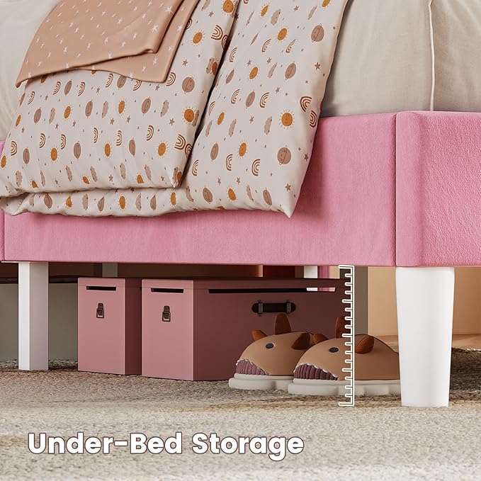 ADORNEVE Queen Bed Frame with LED Lights, Princess Velvet Upholstered Platform Bed for Girls, Headboard with Charging Station & Guardrail & Crystal Button, No Box Spring Needed, Pink