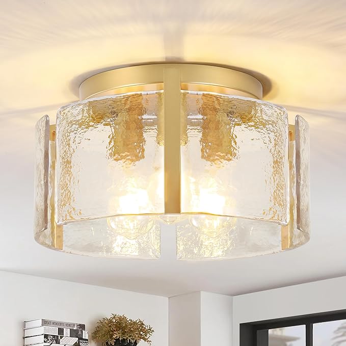 Gold Semi Flush Mount Flush Mount Ceiling Light, 3-Light Drum Glass Ceiling