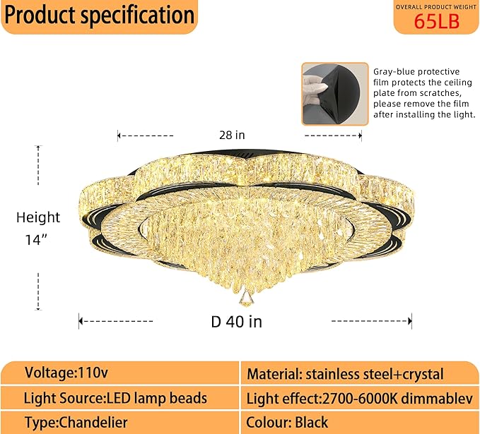 Modern Empire Crystal Chandelier Black 40inches Crystal Raindrop Ceiling Light