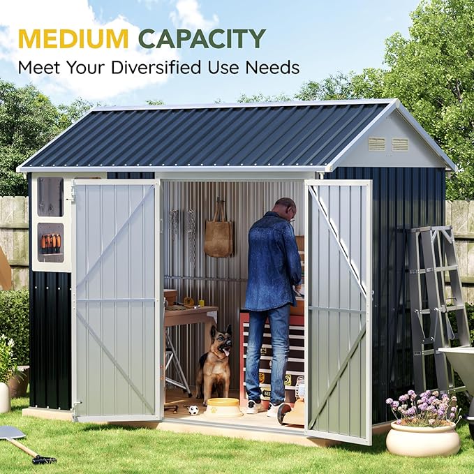 Breezz 6X8FT Outdoor Steel Storage Shed with Clear Window, Lockable Doors, Weather-Resistant Metal Tool Shed for Garden, Backyard, Patio, and Utility Storage.Nightblue
