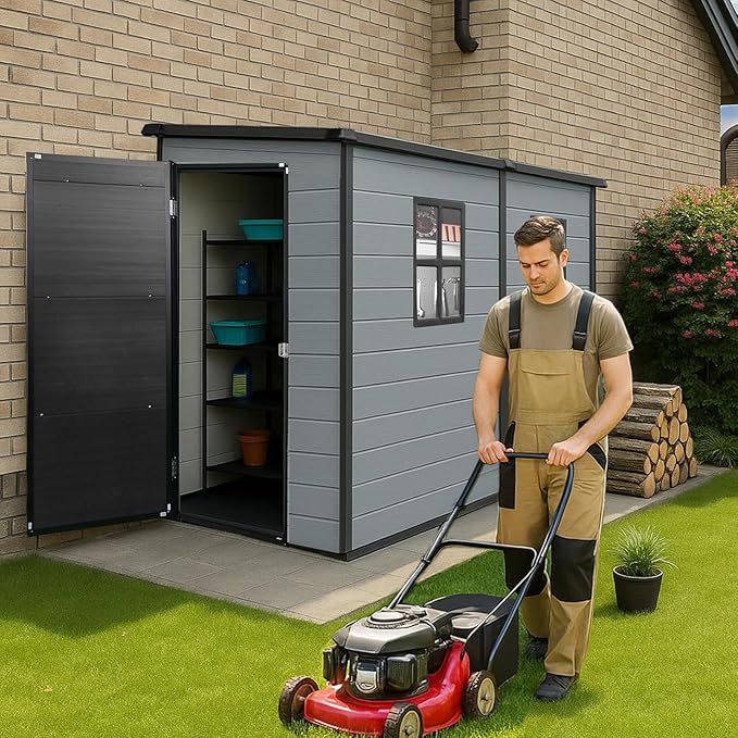 8x4ft Lean to Shed, Resin Outdoor Storage Shed with Floor and 2 Windows, Plastic Sheds & Outdoor Storage Clearance for Patio Furniture, Garden Tools Bike Accessories, Beach Chairs, Black+Grey