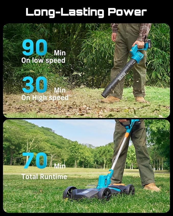 SEESII Electric String Trimmer and Leaf Blower Combo Kit, 3 in 1 Cordless Weed Wacker Grass Eater with 1.3"/2.1" Height, Battery 12" Lawn Mower & Rotary Handheld Blower with 5-Speed for Yard Lawn