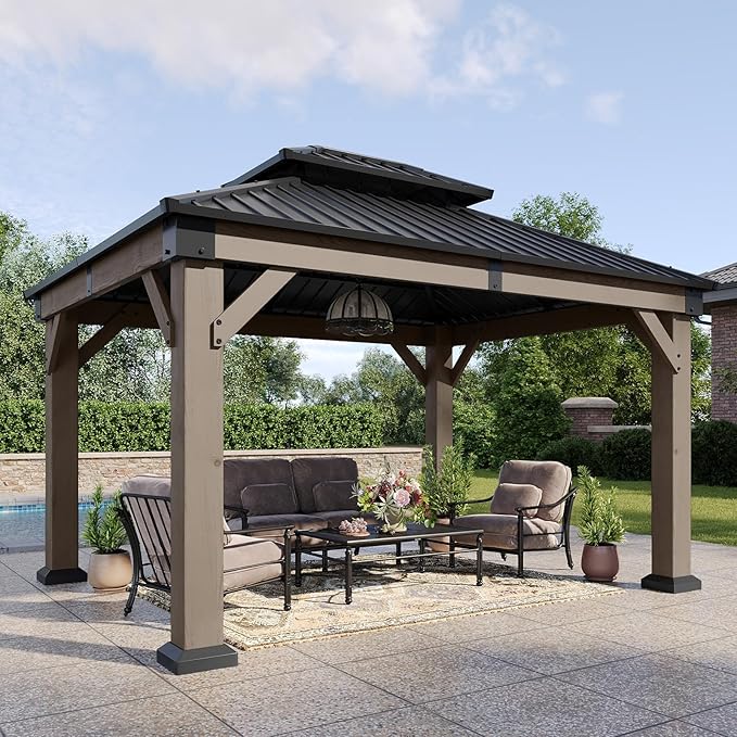 Aoxun 10' x 12' Outdoor Wood Gazebo, Hardtop Gazebo Permanent Wooden Pavilion with Galvanized Steel Double Roof, for Patio, Garden, Deck, Cedar Wood