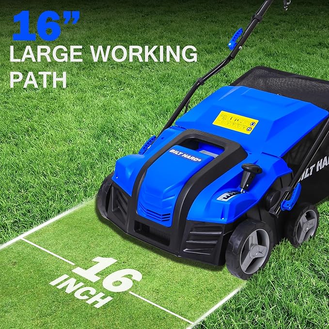 BILT HARD 16 Inch Dethatcher Scarifier Electric Powered, 15 Amp Copper Motor, 5-Position Depth Adjustment, 14.5 gal Thatch Bag, 2 in 1 Walk Behind Thatch Removing Machine for Lawn