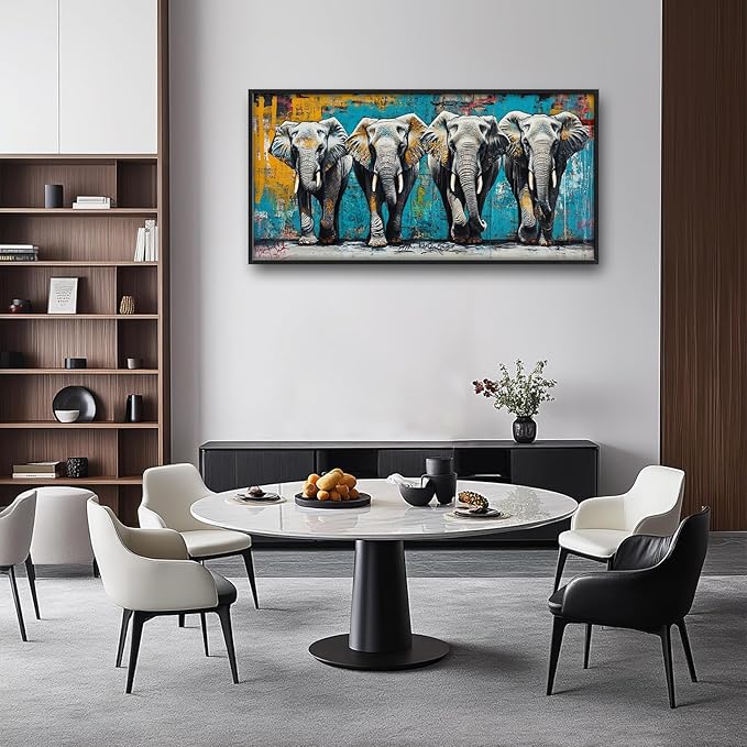 Olivine Elephant Large Wall Art, Banksy Wildlife Pictures Wall Decor, Graffiti Elephant Painting, Teal Canvas Prints, Framed Artwork for Dining Room Living Room Bedroom Bathroom Office Home 60"x30"
