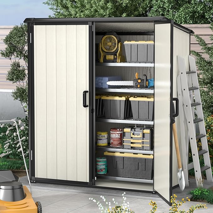 Aoxun Outdoor Storage Shed 5 x 3FT, Resin Shed with Floor and Lockable Door, Plastic Shed for Bike, Garbage Can, Tool, Accessories, Lawn, Garden - Beige