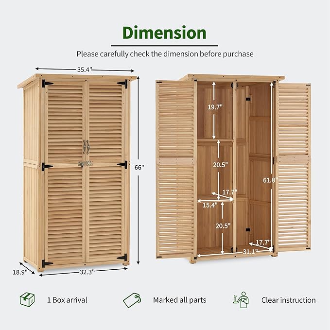 MCombo Outdoor Storage Cabinet, Wooden Storage Shed with Latch, Outside Garden Tool Shed with 2 Doors for Patio Yard Lawn, 0808 (Natural, Medium)