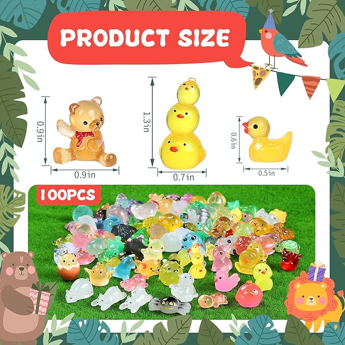 Luminous Mini Resin Animals 100 Pcs Glow in The Dark Resin Animals 100 Styles Miniature Fairy Garden Mini Ducks Figurines Slime Charm for Accessories Landscape Aquarium Potted Decoration