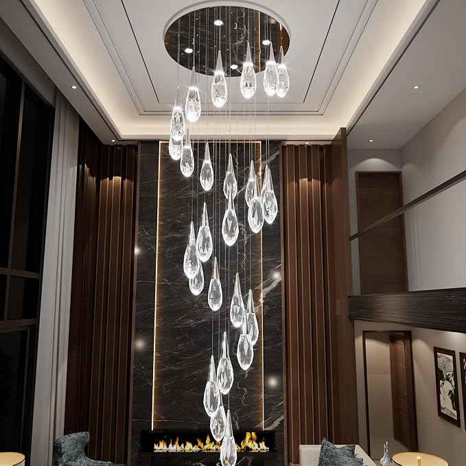 26-Lights Large Chandelier for High Ceiling Silver Crystal Pendant Light