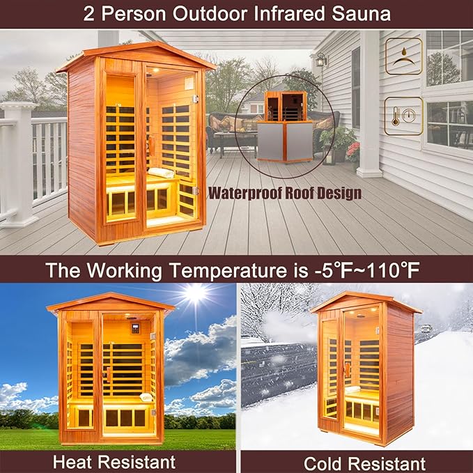 Outdoor Sauna 2 Person Infrared Sauna Far Infrared Saunas for Home 0－5 mg Low EMF Home Sauna Spa Mahogany Wood Sauna Room with Bluetooth Speakers, LED Reading Lamps, Chromotherapy Lights
