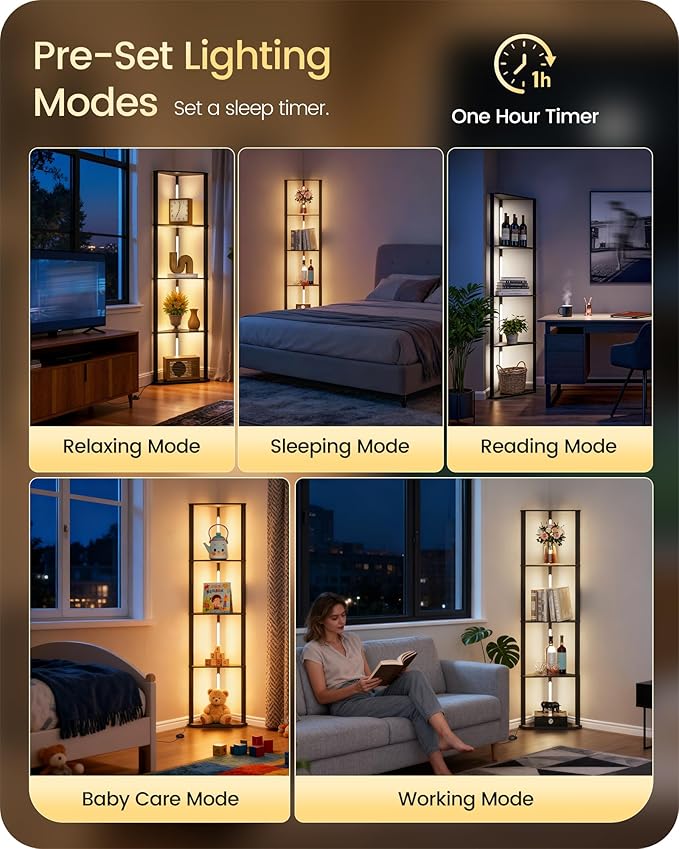 63.4” Display Shelf with Light, Modern Corner Floor Lampe with Shelves