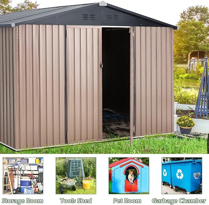 U-MAX 8' x 10' Shed Outdoor Storage Shed Clearance, Extra Large Yard Steel Metal Garden Shed with Design of Lockable Doors, Tool and Utility Storage for Backyard, Garden, Patio, Outside use in Taupe