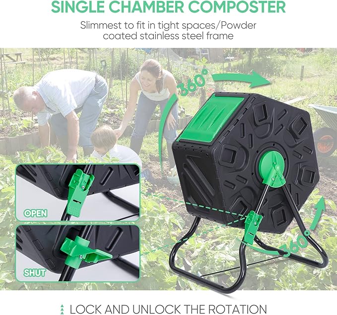 F2C 18.5 Gallon Compost Tumbler Compost Bin All-Season Outdoor BPA Free Single Rotating Chamber Composters w/ 2 Sliding Doors and Solid Steel Frame