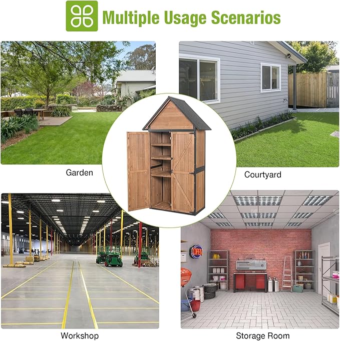 GUTINNEEN Outdoor Storage Shed with All Around Strong Metal Frame, Garden Tool Sheds Cabinet with Floor & Adjustable Shelves, Wooden Tool House for Backyard Garden Patio Lawn (Brown)