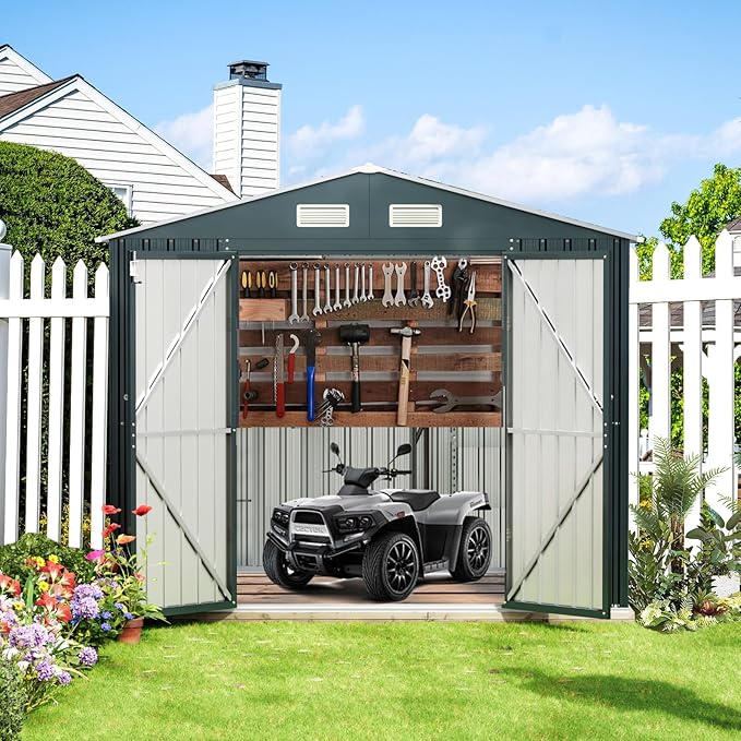 Breezz 6x8FT Outdoor Steel Storage Shed with Frame Floor,Clear Window, Lockable Doors, Weather-Resistant Metal Tool Shed for Garden, Backyard, Patio, and Utility Storage