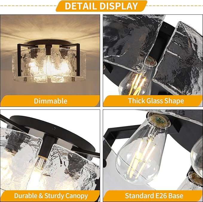 18.5'' Modern Black Semi Flush Mount Ceiling Light, Entryway Light Fixture