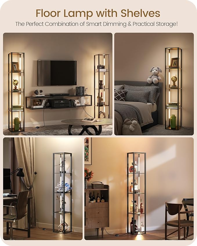 64.2" Display Shelf with Light, Modern Corner Floor Lampe with Shelves