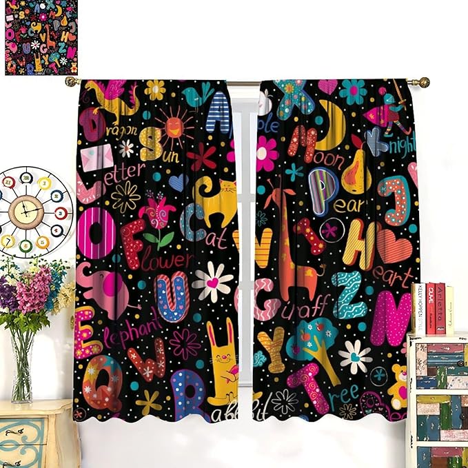 Cartoon Alphabet Curtains Funny Education Animal Giraffe Curtain with Rod Pocket for Bedroom Living Room Home Decor Drapes Thermal Insulated Window Treatments 2 Panels Set 55" W X 63" L