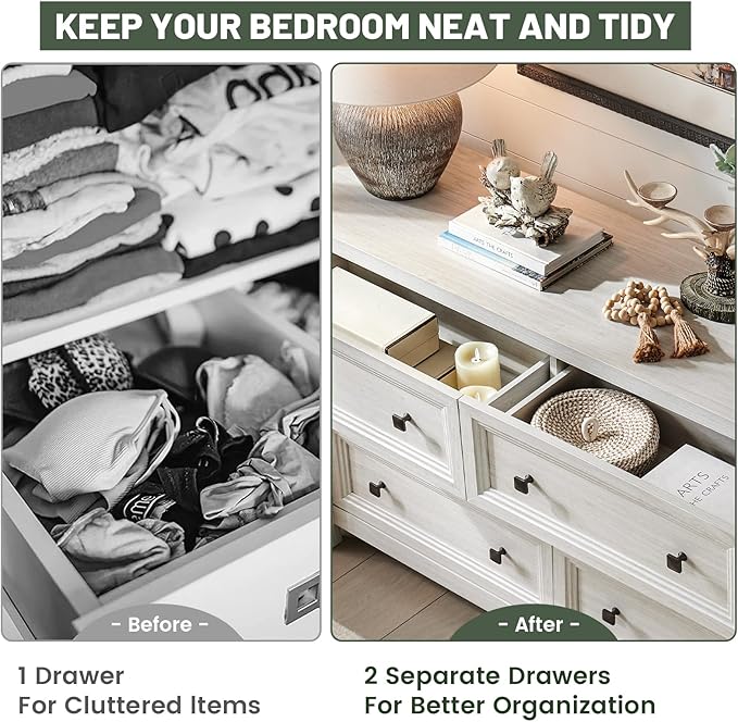 Farmhouse 6 Drawers Dresser for Bedroom, White Dressers, 52" Wide Rustic Wood Chest of Drawers with Natural Texture, Metal Handle, Storage Closet Dressers for Bedroom, Living Room
