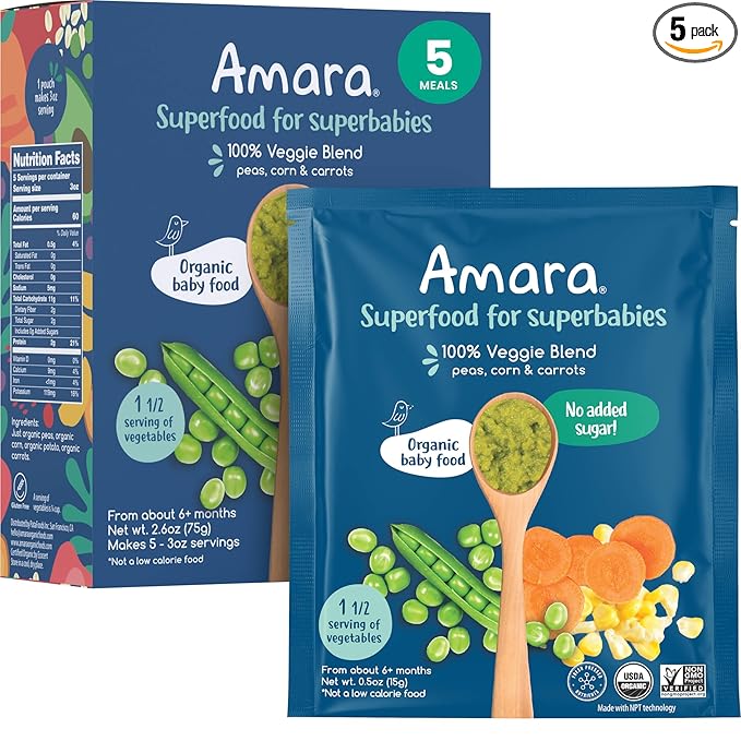 Amara Organic Baby Food - Stage 2 - Peas, Corn & Carrots - Baby Cereal to Mix With Breastmilk, Water or Baby Formula - Shelf Stable Baby Food With 100% Organic Veggies - 5 Pouches, 3.5oz Per Serving