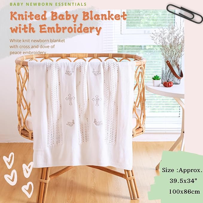 Booulfi Baby Blankets for Boys Girls Baby Receiving Blankets Silver Cross Dove of Peace Embroidery White Knitted Blanket Soft Crib Blanket Newborn Essentials Baptism Christening Gifts Size 39X34