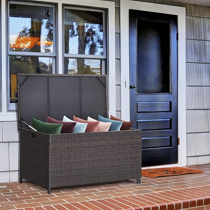 Giantex Outdoor Wicker Storage Box - 50 Gallon PE Rattan Storage Container with Lid, Waterproof Liner, Universal Wheels, Deck Storage for Pillows, Cushions, Gardening Tools, Mix Brown
