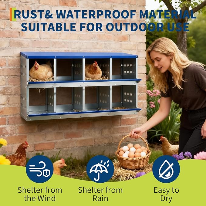 Heavy Duty Galvanized Steel Chicken Nesting Box – 8 Compartments, Wall Mounted/Floor, Ventilated, Resting Platform, Easy Clean, Rollaway Egg Collection, Blue, 128×48×71cm, Without Cover