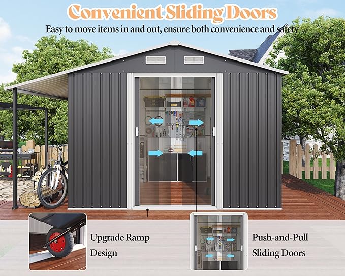 AMERLIFE 10.6x10.3x6.3 FT Galvanized Metal Storage Shed with Open Firewood Storage Area, Sliding Doors & Ramp, 2 Windows & Vents, Weather-Resistant Outdoor Tool/Garden Shed, Dark Gray