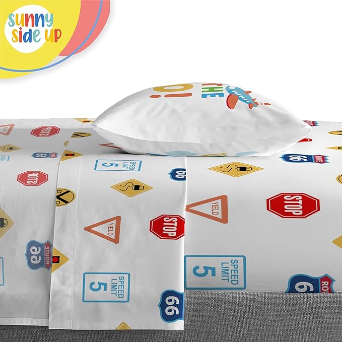 Sunny Side Up On The Go Toddler Comforter Set - 4 Piece Preschool Bedding Includes Comforter, Sheets & Pillow Cover - Super Soft Vehicles Microfiber Bed Set