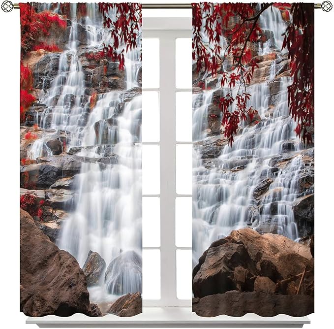 Waterfall Blackout Windows Curtains, Waterfall Red Forest Pattern Nature View Curtains, for Living Room Bedroom 42x54in 2 Panels
