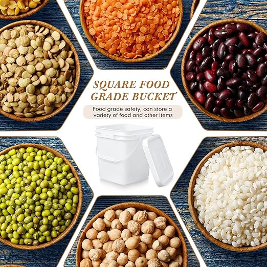 Mumufy 5 Pcs 3.5 Gallon Square Food Grade Bucket with Lid Square Bucket Pail Plastic Handles for Long Term Food Storage, Camping, Fishing, Home Organization Easy Stack and Store (White)